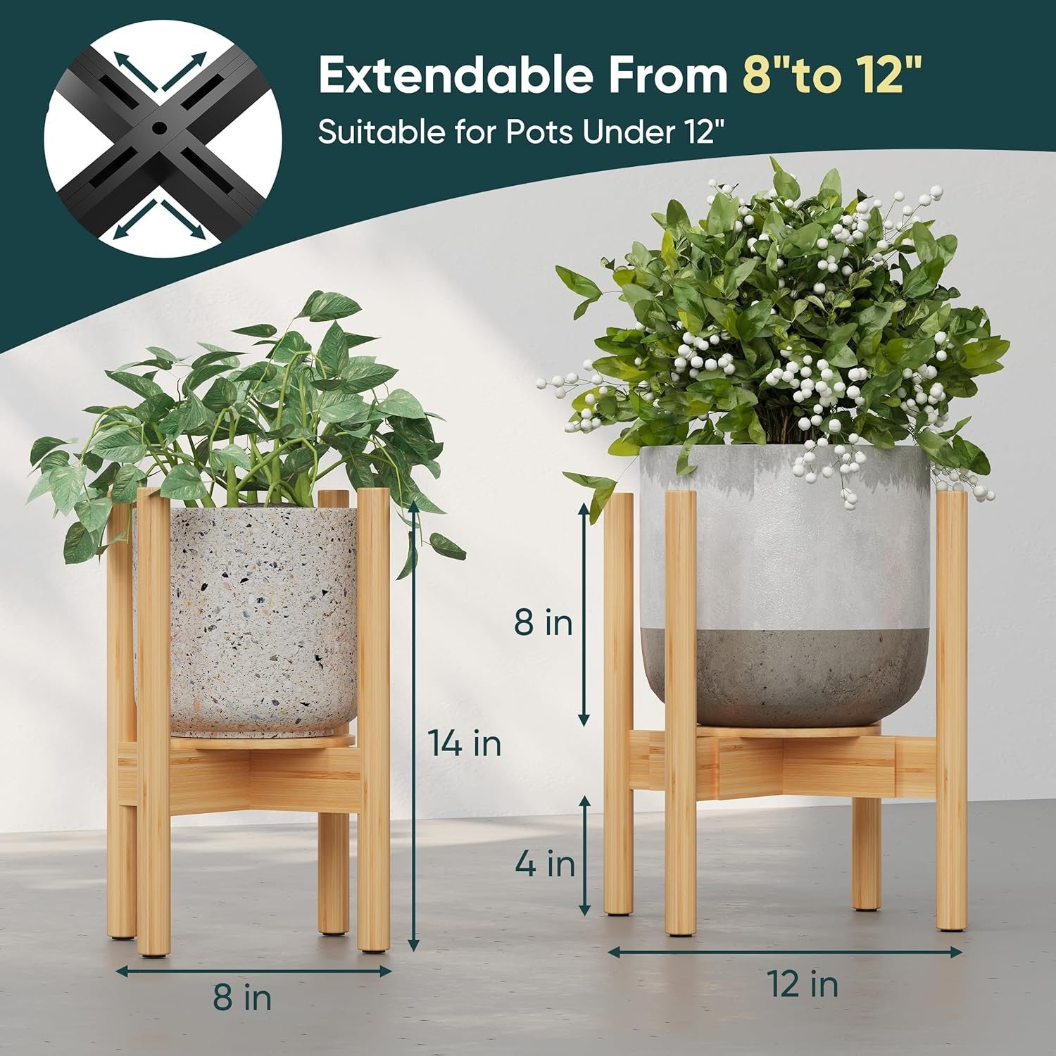 Adjustable Bamboo Plant Stand with Removable Tray | Natural Indoor Pot Holder