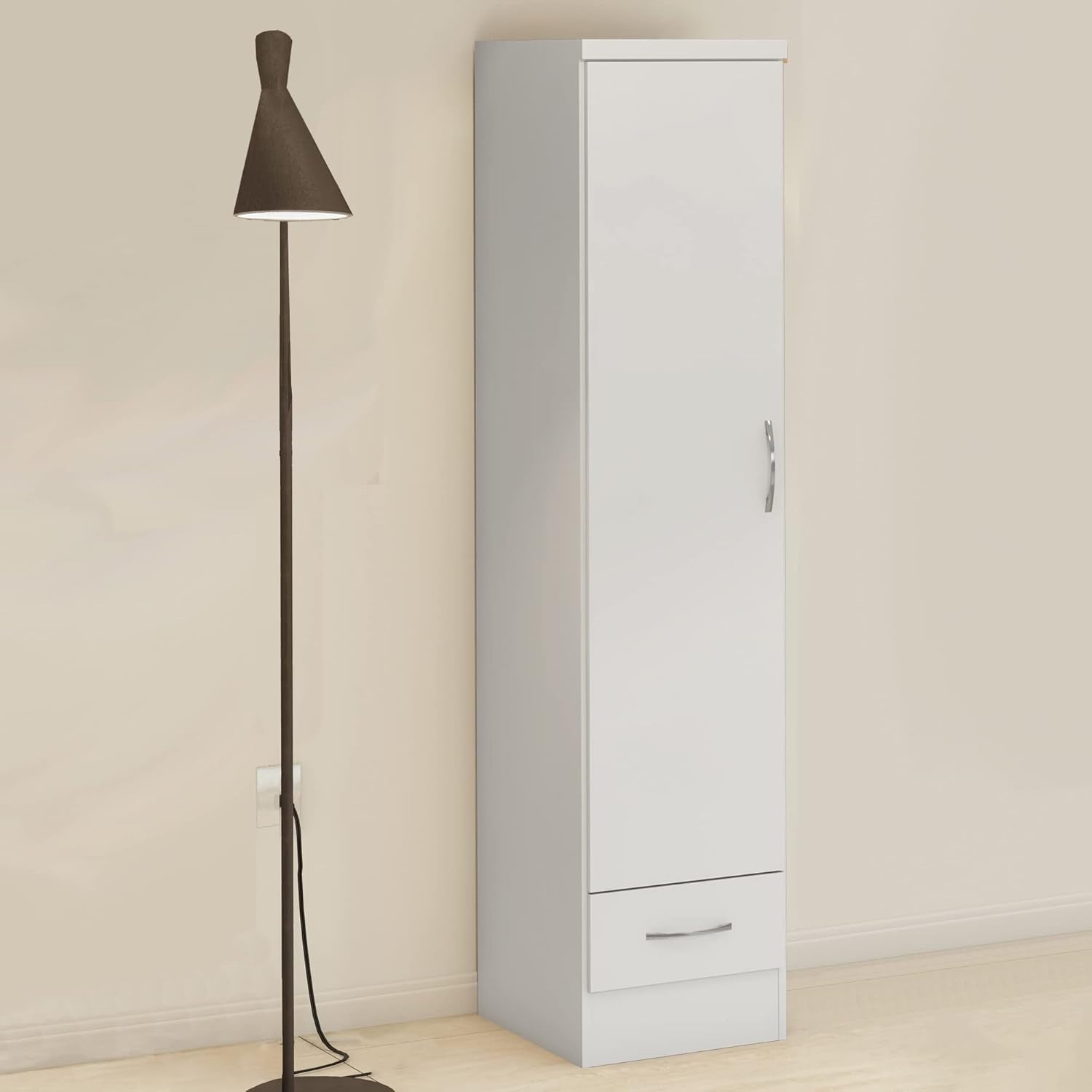 White Gloss 1 Door 1 Drawer Slim Wardrobe – Modern Bedroom Storage
