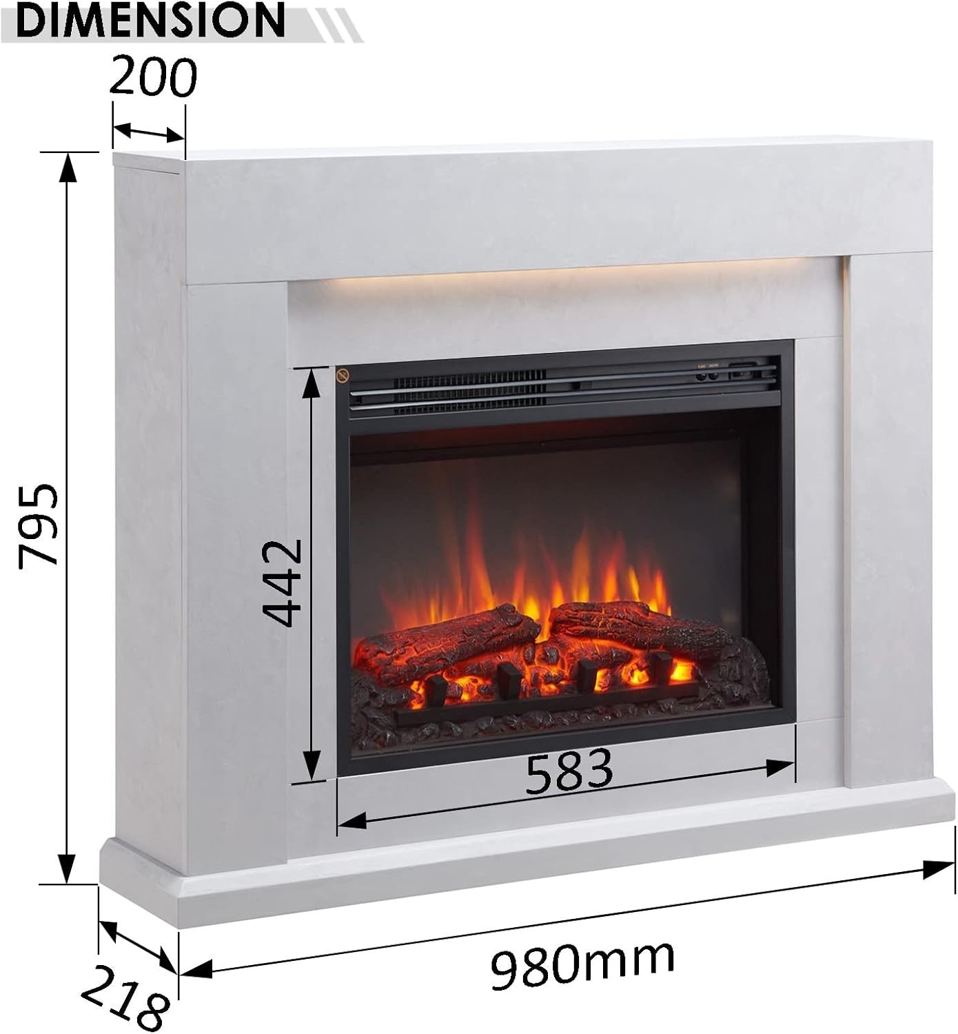 39" Electric Fireplace Suite 2kW Heater Cement Grey LED Fire Remote
