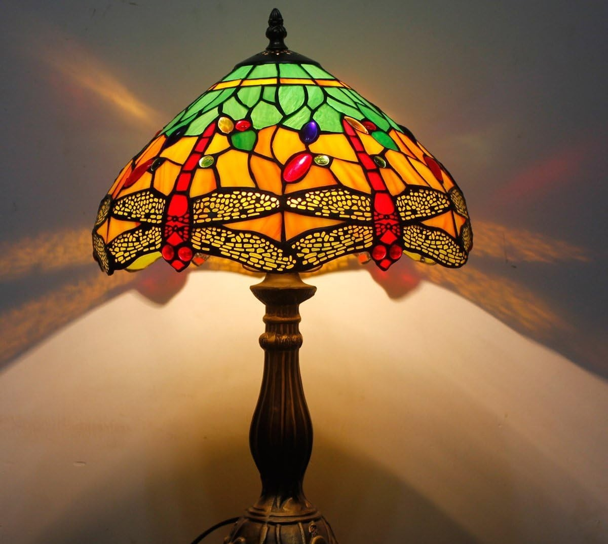 Stained Glass Tiffany Table Lamp 12x12x18in Green Yellow Bronze Base