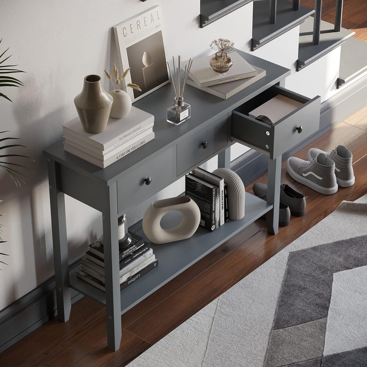 Console Table with 3 Drawers & Undershelf – Spacious Storage, Stylish Grey