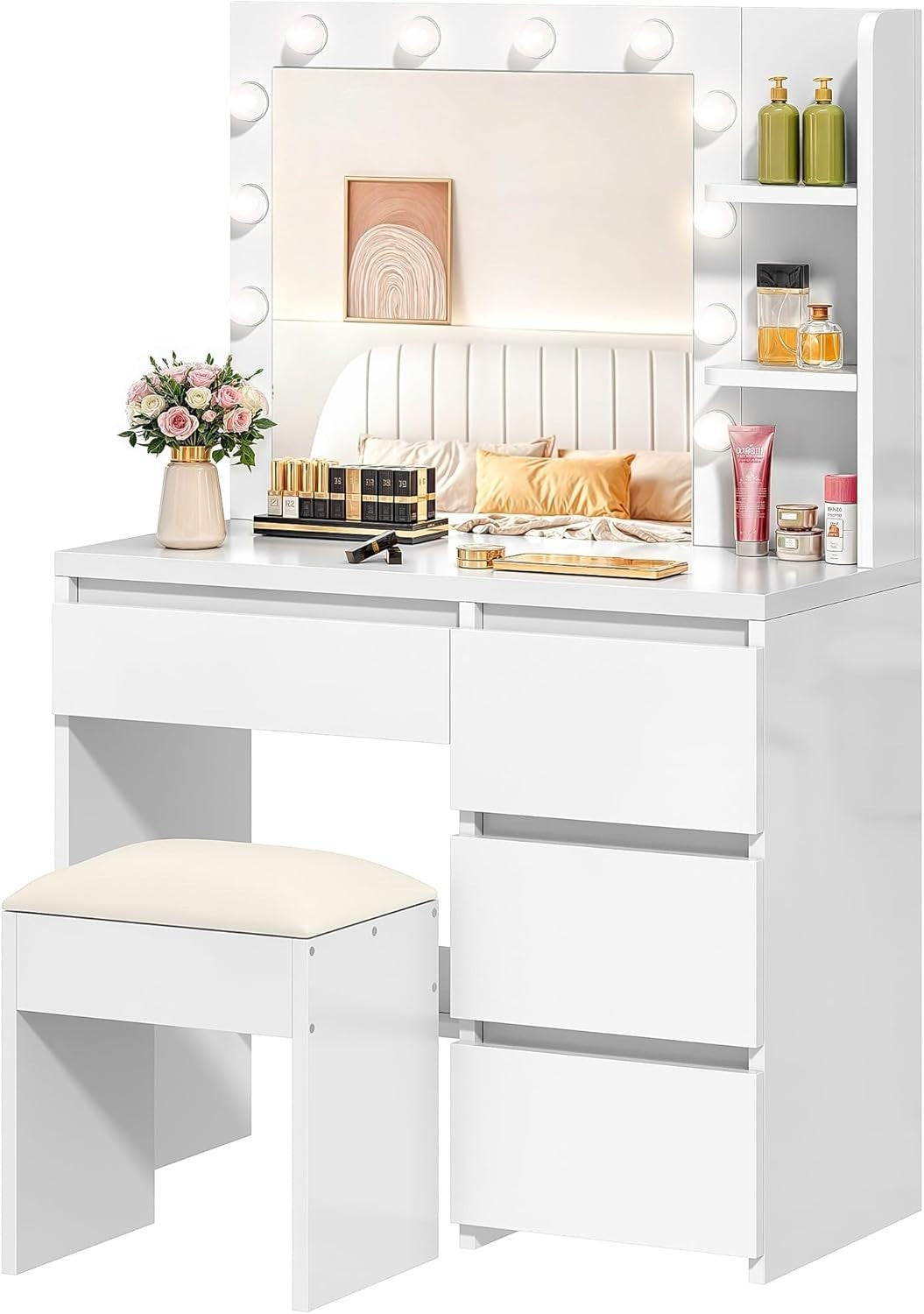 White Modern Vanity Dressing Table w/ 12 LED Lights Mirror Stool 4 Drawer Storag