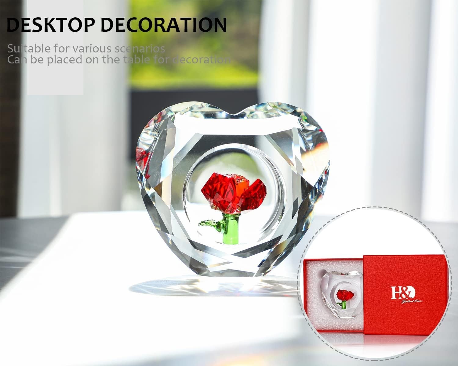 Crystal Red Rose Heart Ornament • K9 Glass Paperweight Gift • Romantic Decor