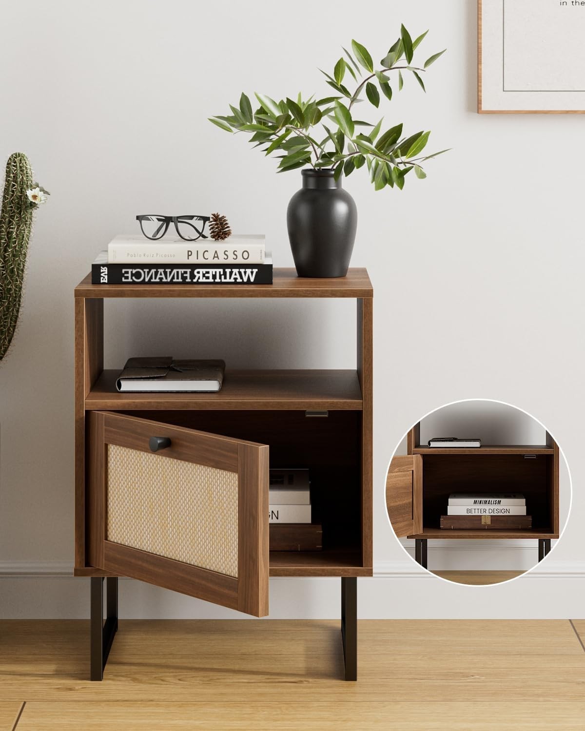 XL Rattan Bedside Table with Drawer Walnut Wood Nightstand Boho Farmhouse Style