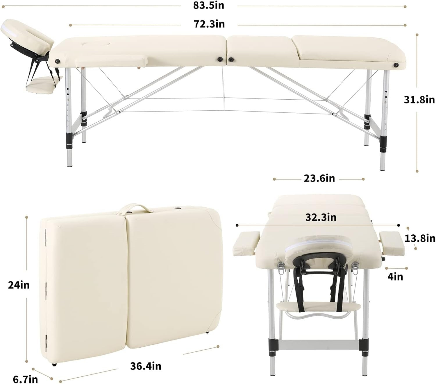 Portable Massage Table Foldable 3-Section Aluminium Therapy Bed w/ Backrest