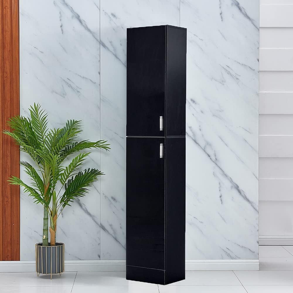 Black Tall Slim Cupboard High Gloss Storage Cabinet 2 Door 4 Shelf Unit