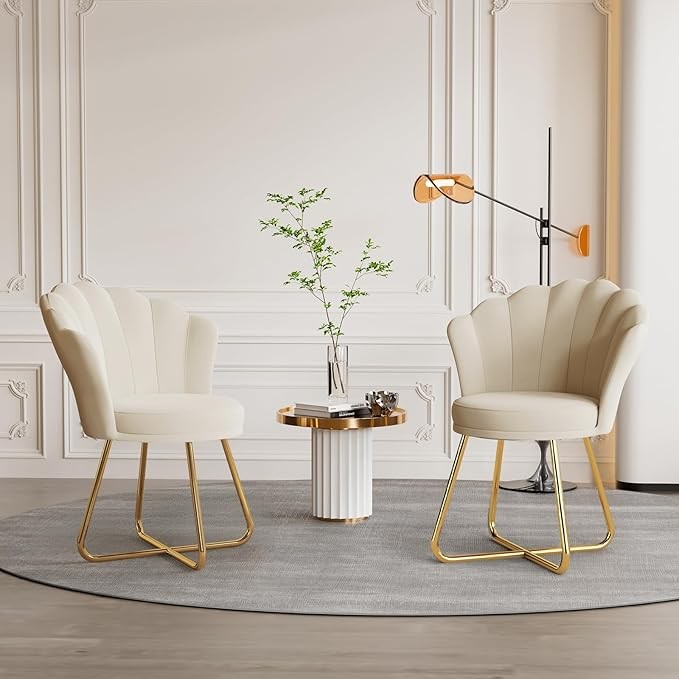 Beige Accent Chair Gold Metal Legs Petal Back Vanity Armchair