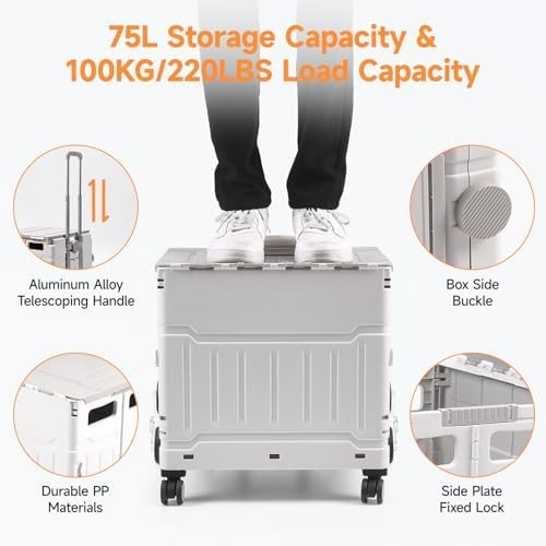 Foldable Stair-Climbing Trolley 75L 50KG Storage Cart with Lid