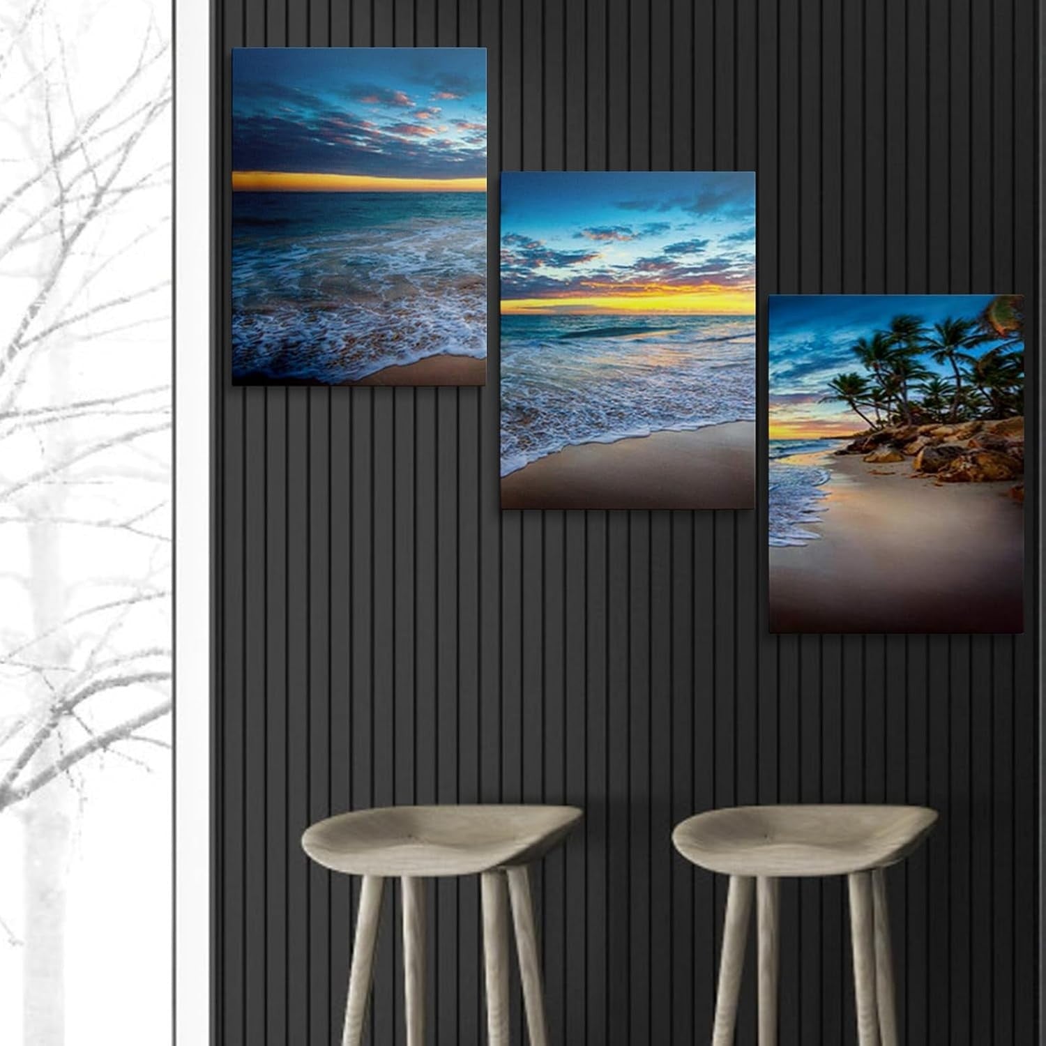 Sunset Beach Wall Art Set of 3 Framed Canvas 12x16in