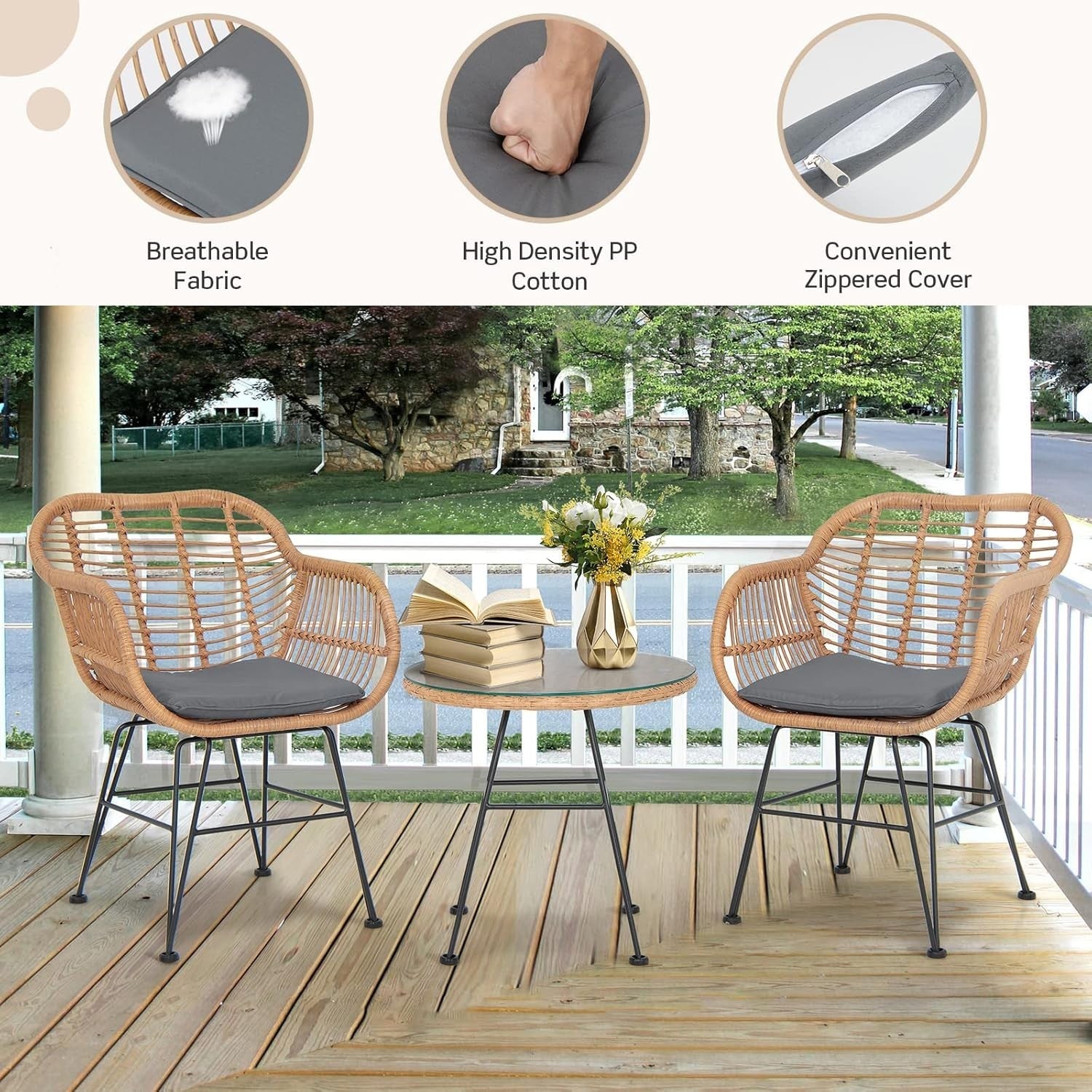 3 Piece Rattan Bistro Set Outdoor Patio Chairs with Glass Table & Cushions