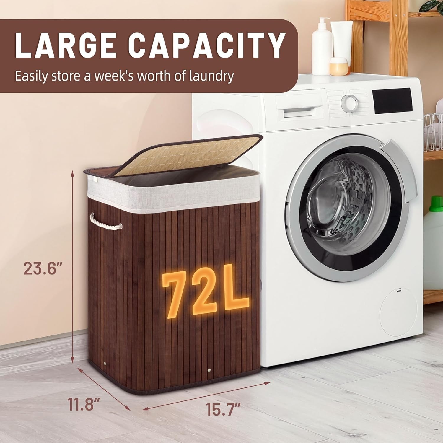 72L Slim Bamboo Laundry Hamper with Lid Foldable Clothes Basket Brown