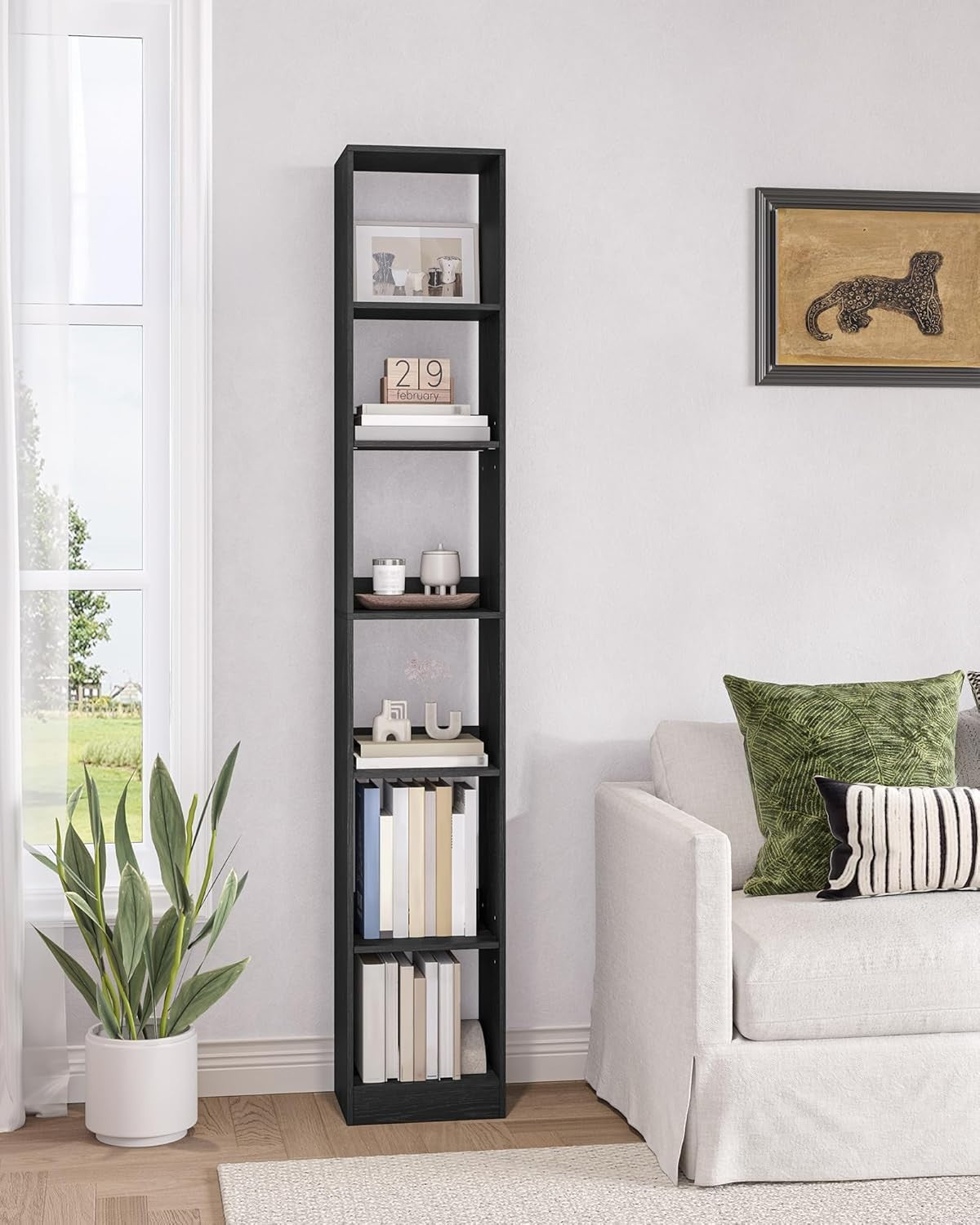 Modern 6-Tier Black Wooden Bookshelf, Adjustable Shelves, 24x30x184 cm