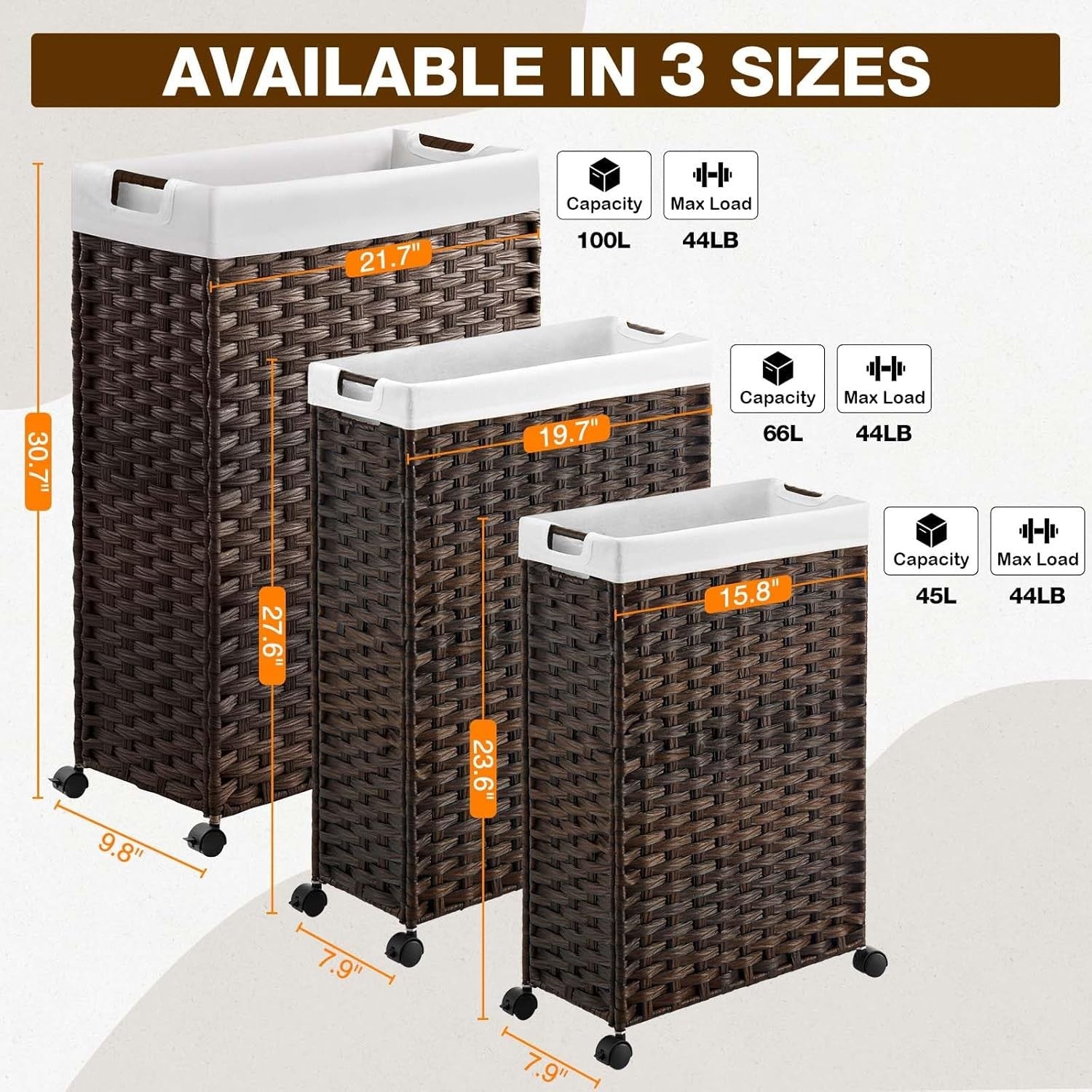 Slim Rattan Laundry Hamper on Wheels 66L with Removable Bags & Mesh Liners Brown