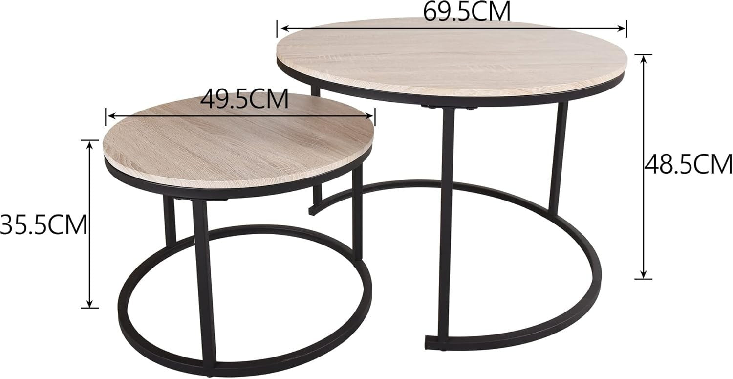 Round Nesting Coffee Table Set of 2 – Space-Saving Living Room Side Tables Oak