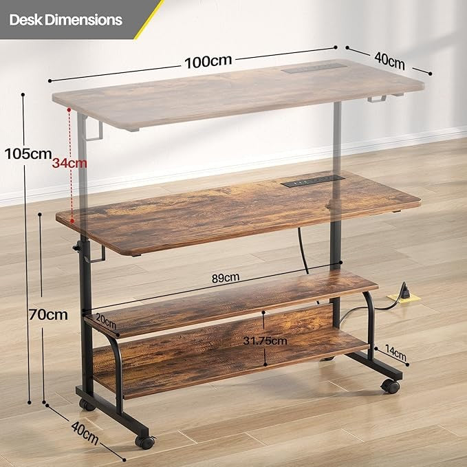Rolling Standing Desk Adjustable Height Power USB C-Shaped Mobile Table