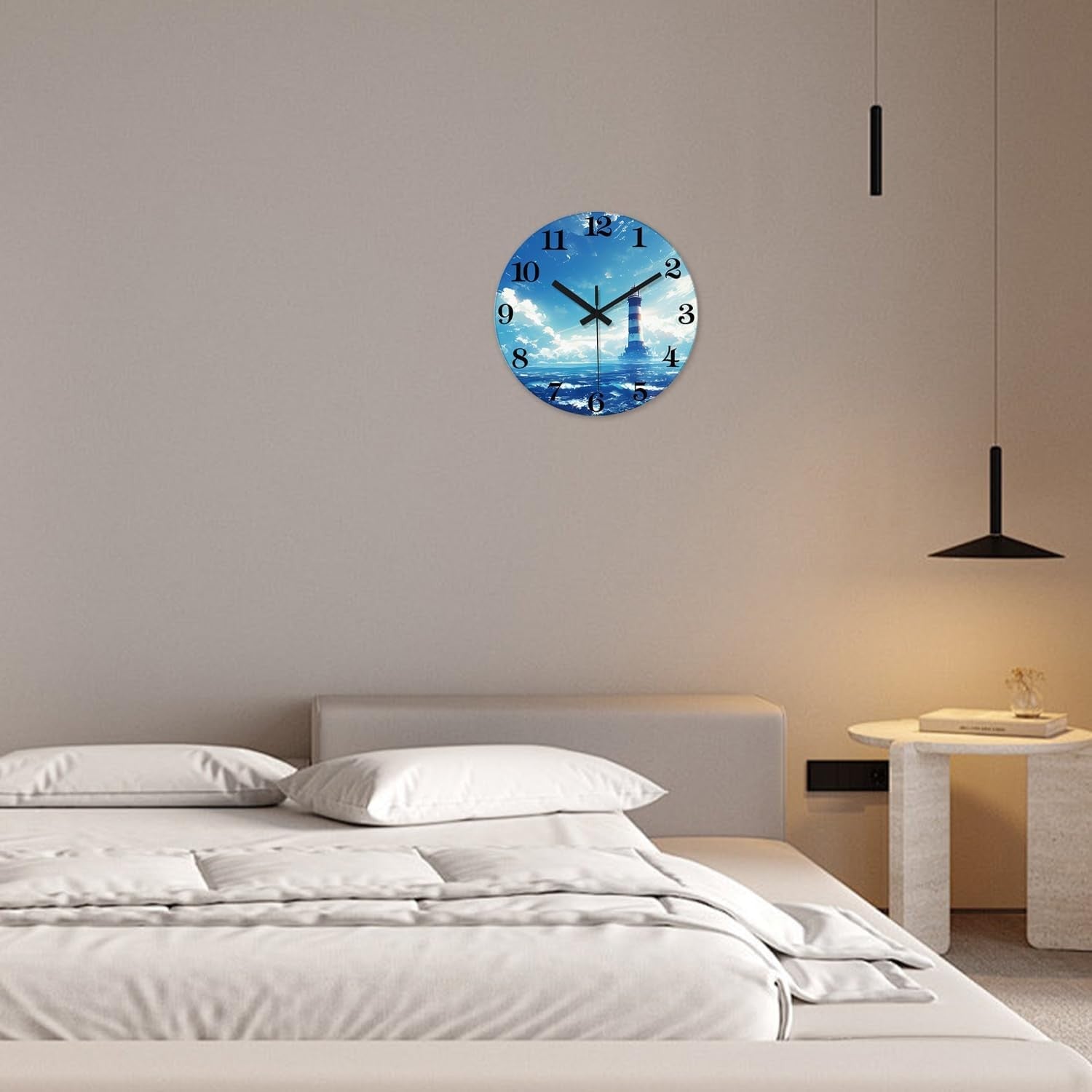 14" Blue Lighthouse Wall Clock Silent Non-Ticking Glass Nautical Home Decor
