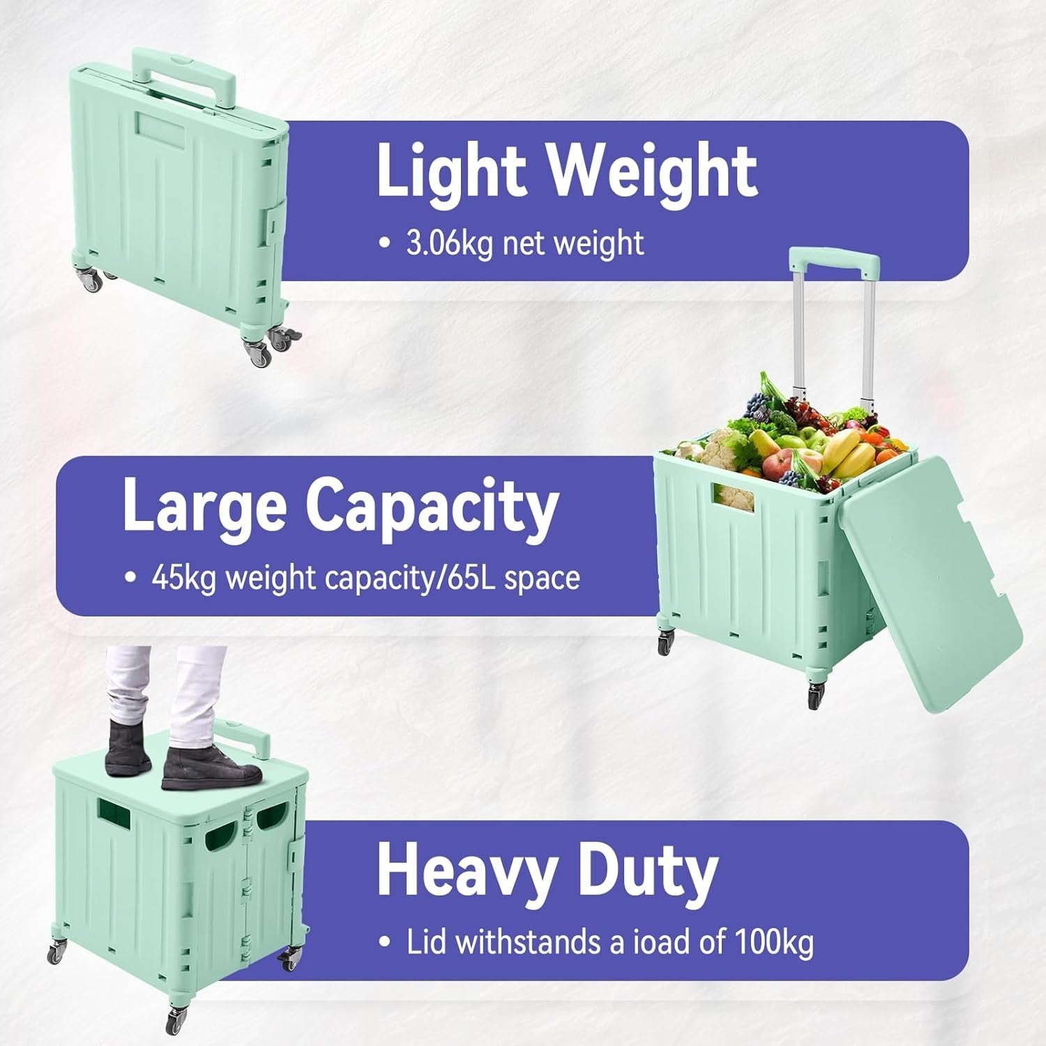 65L Foldable Shopping Trolley 4 Wheel Utility Cart with Lid Green