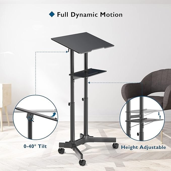 Adjustable Mobile Laptop Desk Rolling Standing Workstation Height Adjustable