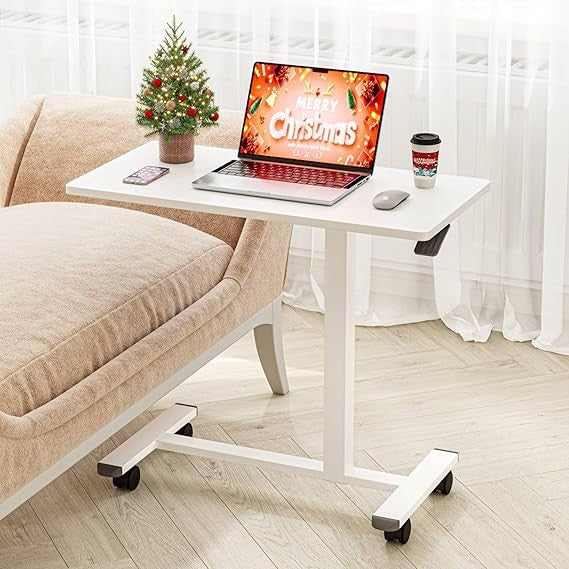 Overbed Laptop Table Height Adjustable C Shaped Desk on Wheels 80x40cm White