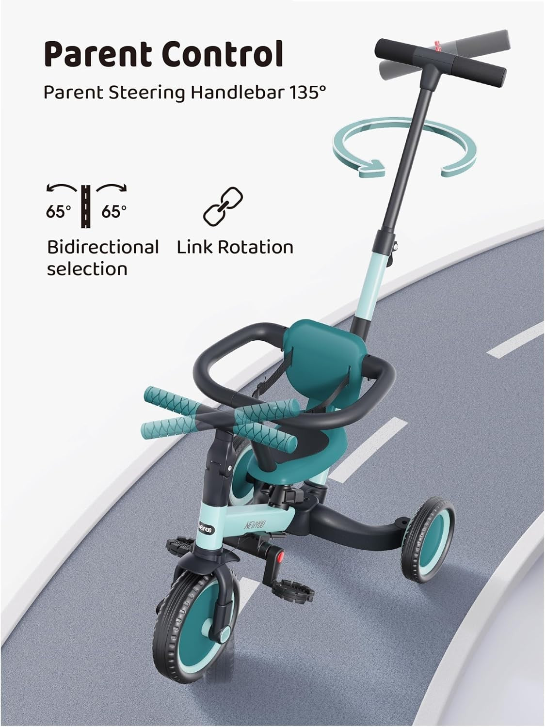 5 in 1 Toddler Tricycle Parent Handle Balance Bike Safety Belt Green