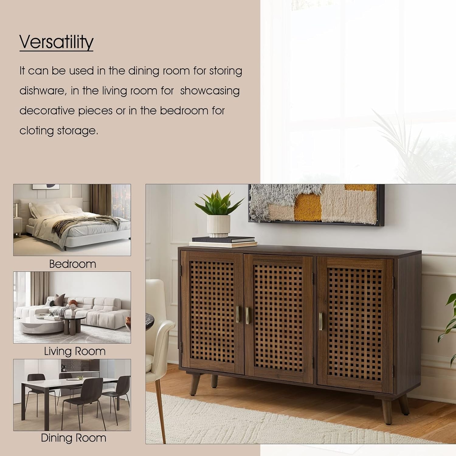 Modern Wood Sideboard Cabinet 3 Door Storage Buffet with Lattice Design