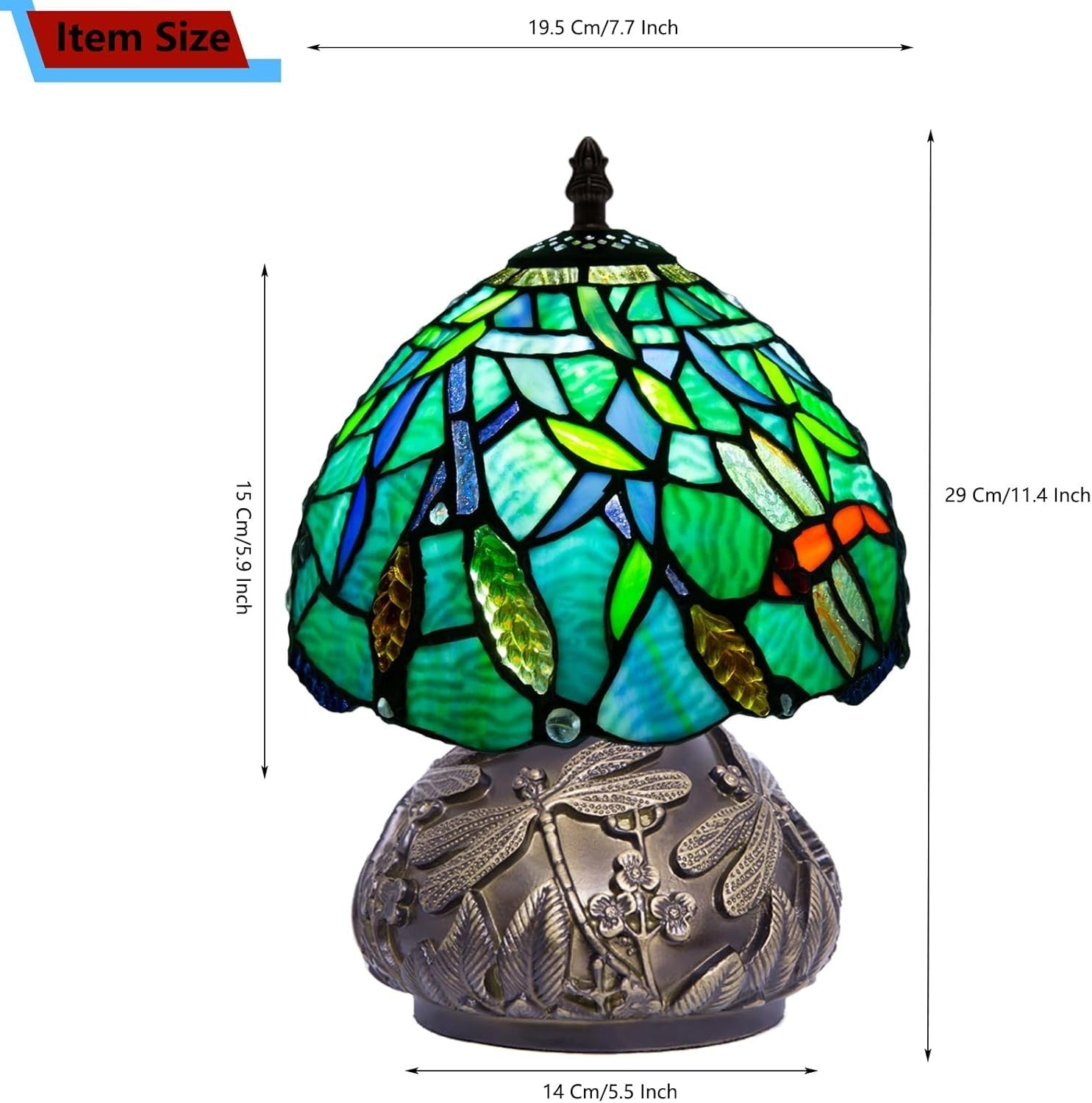 Small Tiffany Stained Glass Desk Lamp 8x8x11in 3 Color Temps Dragonfly Base