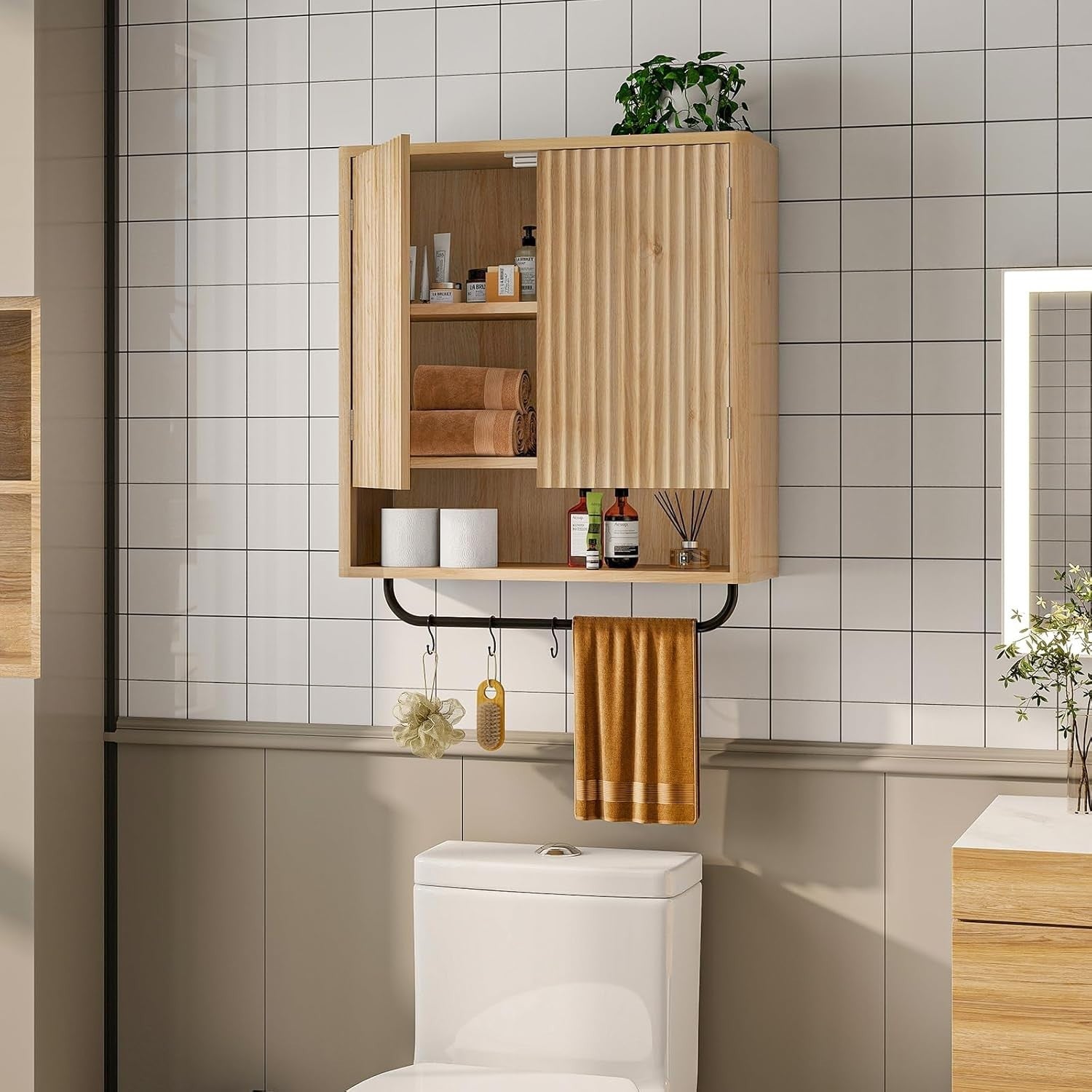 Deep Wall Mounted Kitchen & Bathroom Cabinet with Adjustable Shelves & Hooks