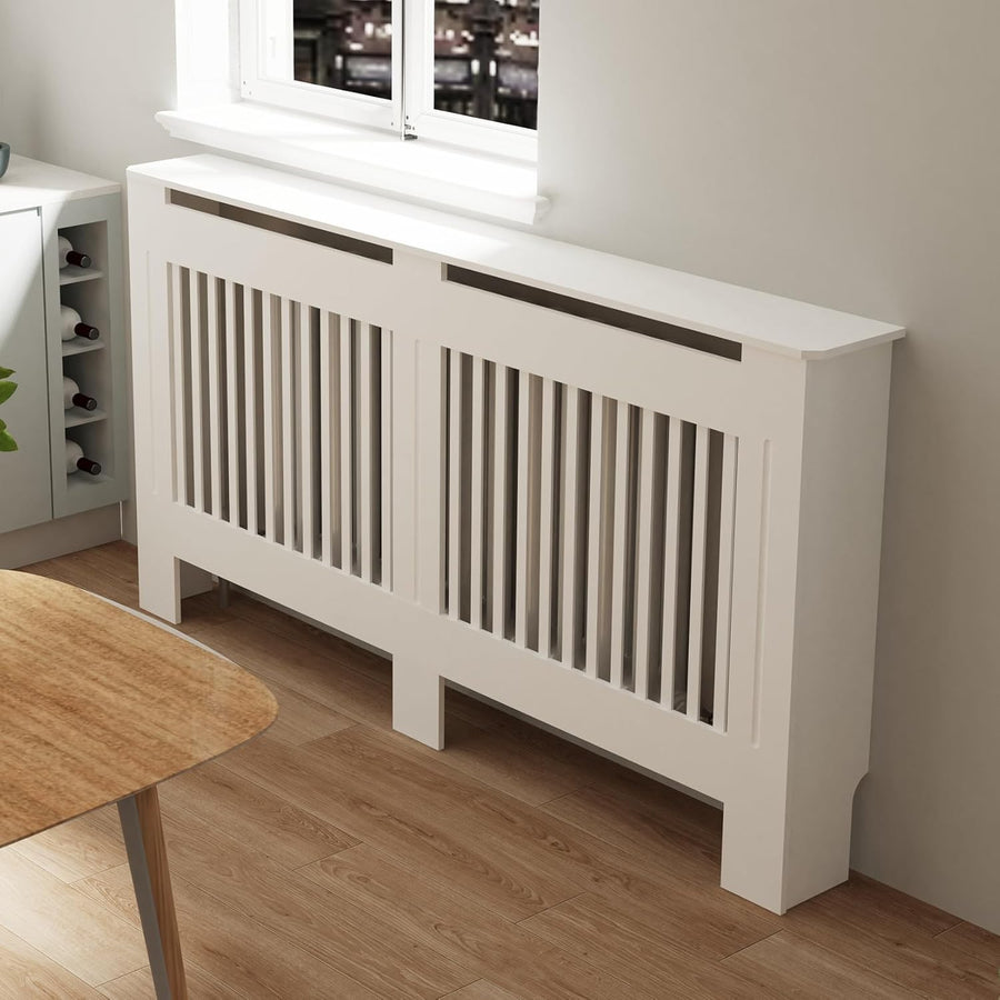 White 100cm Tall Radiator Cover MDF Cabinet Vertical Slats Hallway Furniture