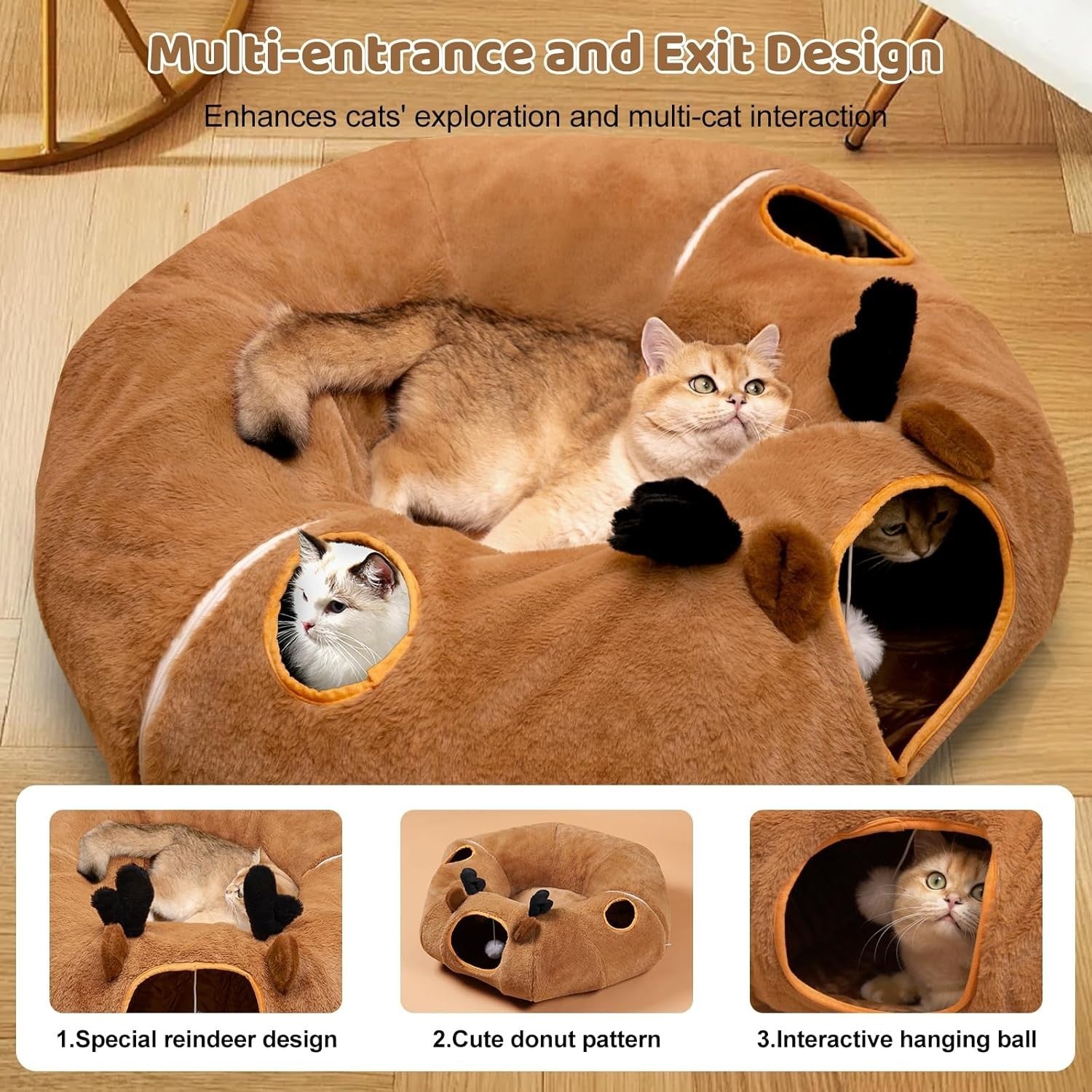 Cat Tunnel Bed Foldable Donut Play Tunnel w Peek Holes & Toy Set