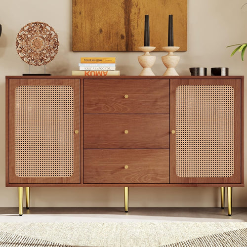 Walnut Rattan Sideboard Cabinet 2 Doors, 3 Drawers & Adjustable Shelf Unit