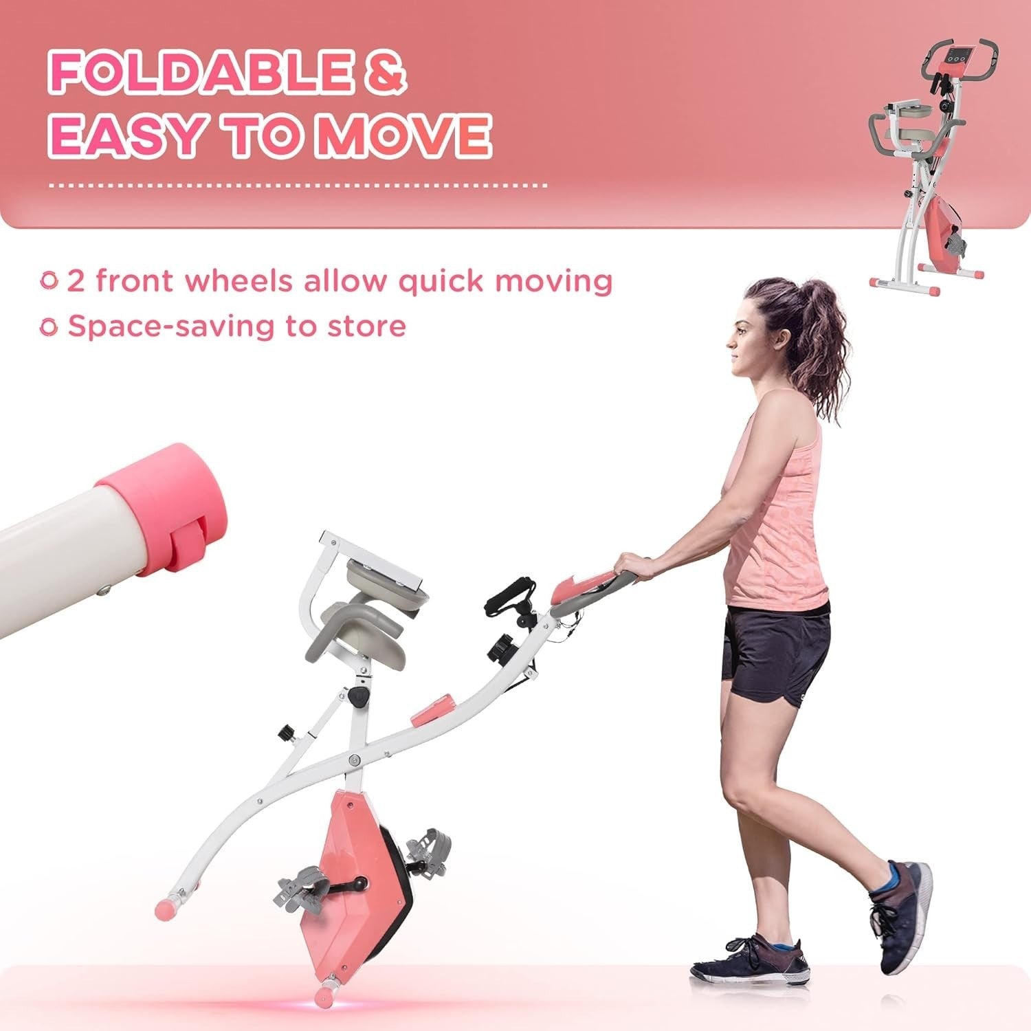 Pink 3-in-1 Folding Exercise Bike Magnetic Resistance LCD Pulse & Bands