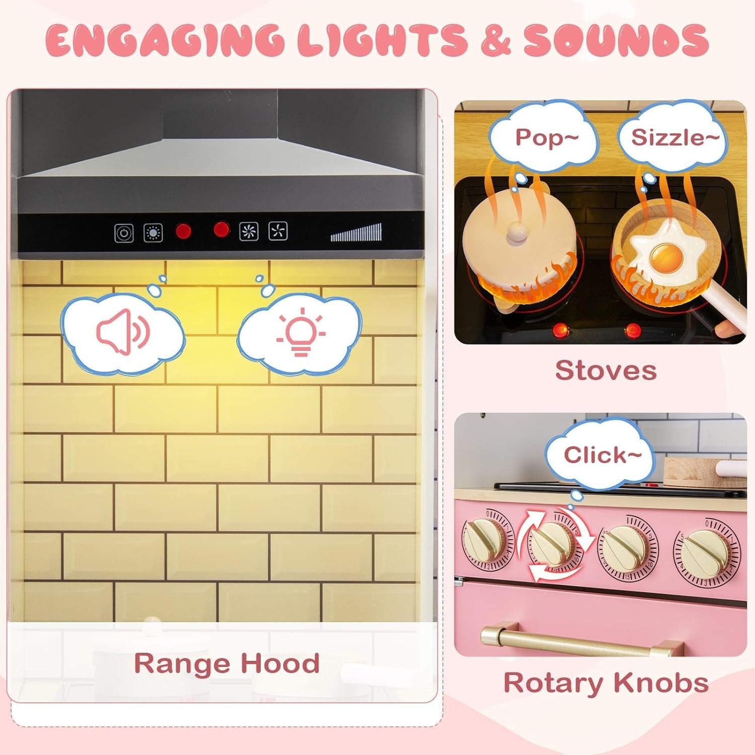 Wooden Kids Play Kitchen Pink Lights Sounds Chalkboard Toy Set