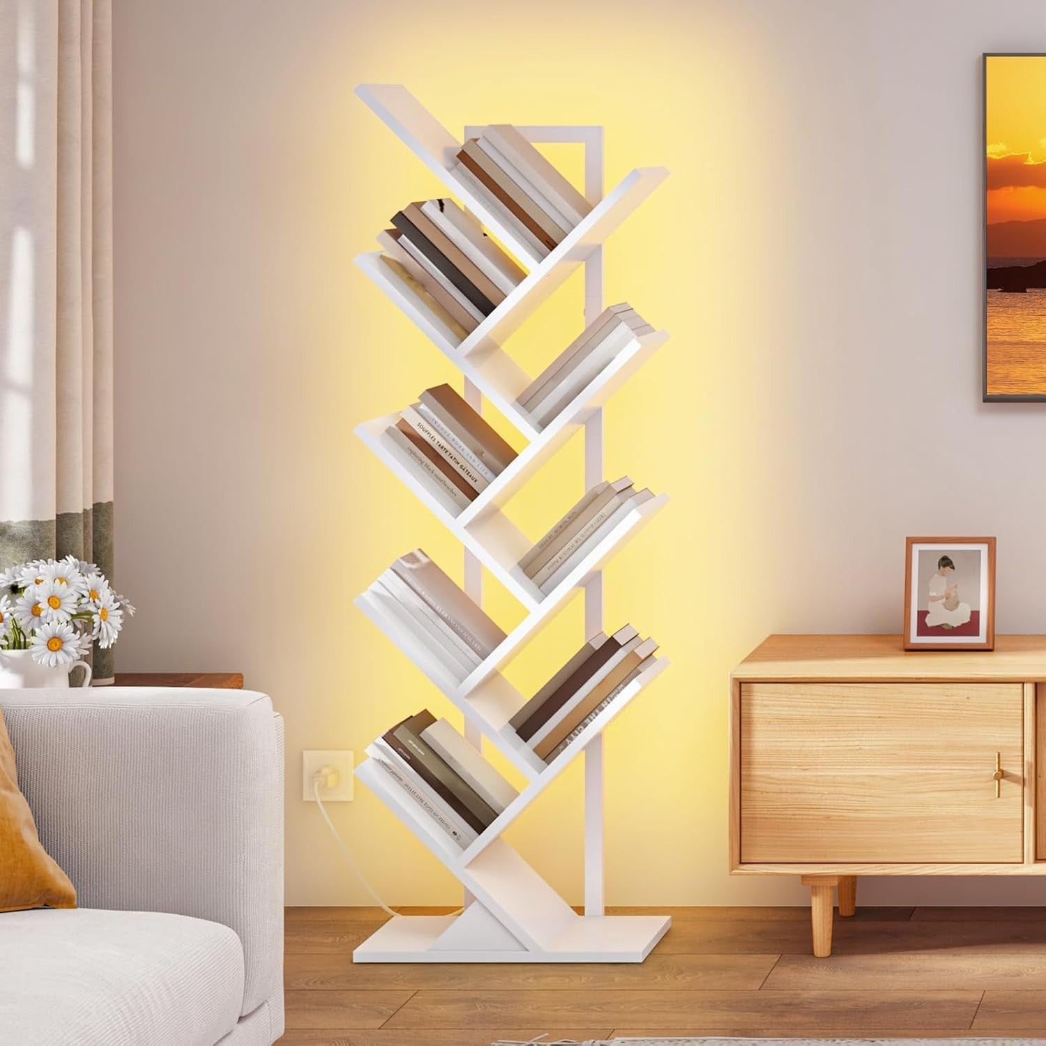 9 Tier Tree Bookshelf with LED Lights Modern Metal Frame Bookcase White