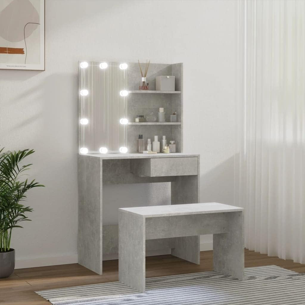 Modern Dressing Table Vanity Set Storage Mirror LED Lights Stool Bedroom Furnitu