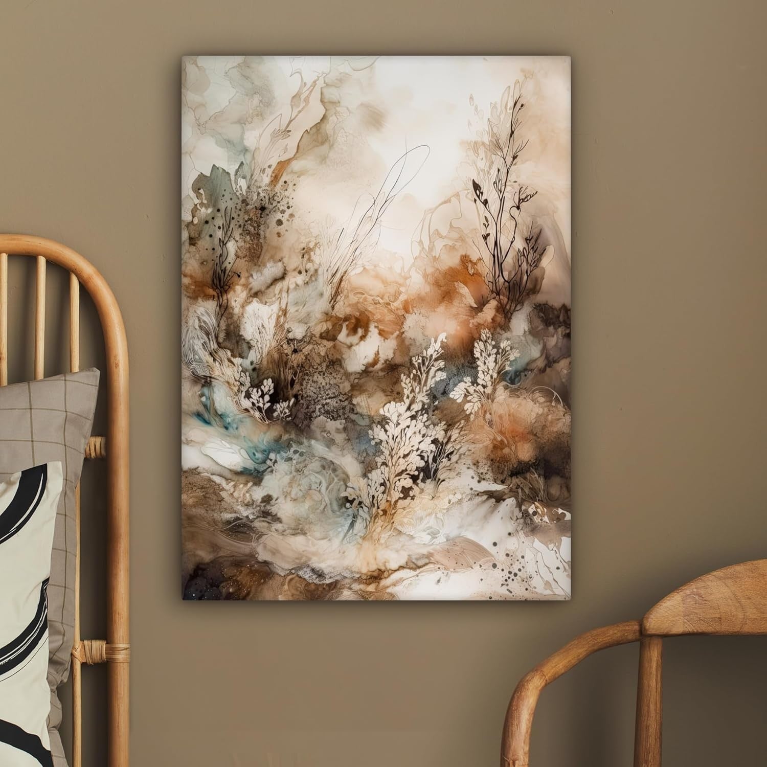 Large Framed Canvas Wall Art 50x70cm Abstract Beige Floral Print