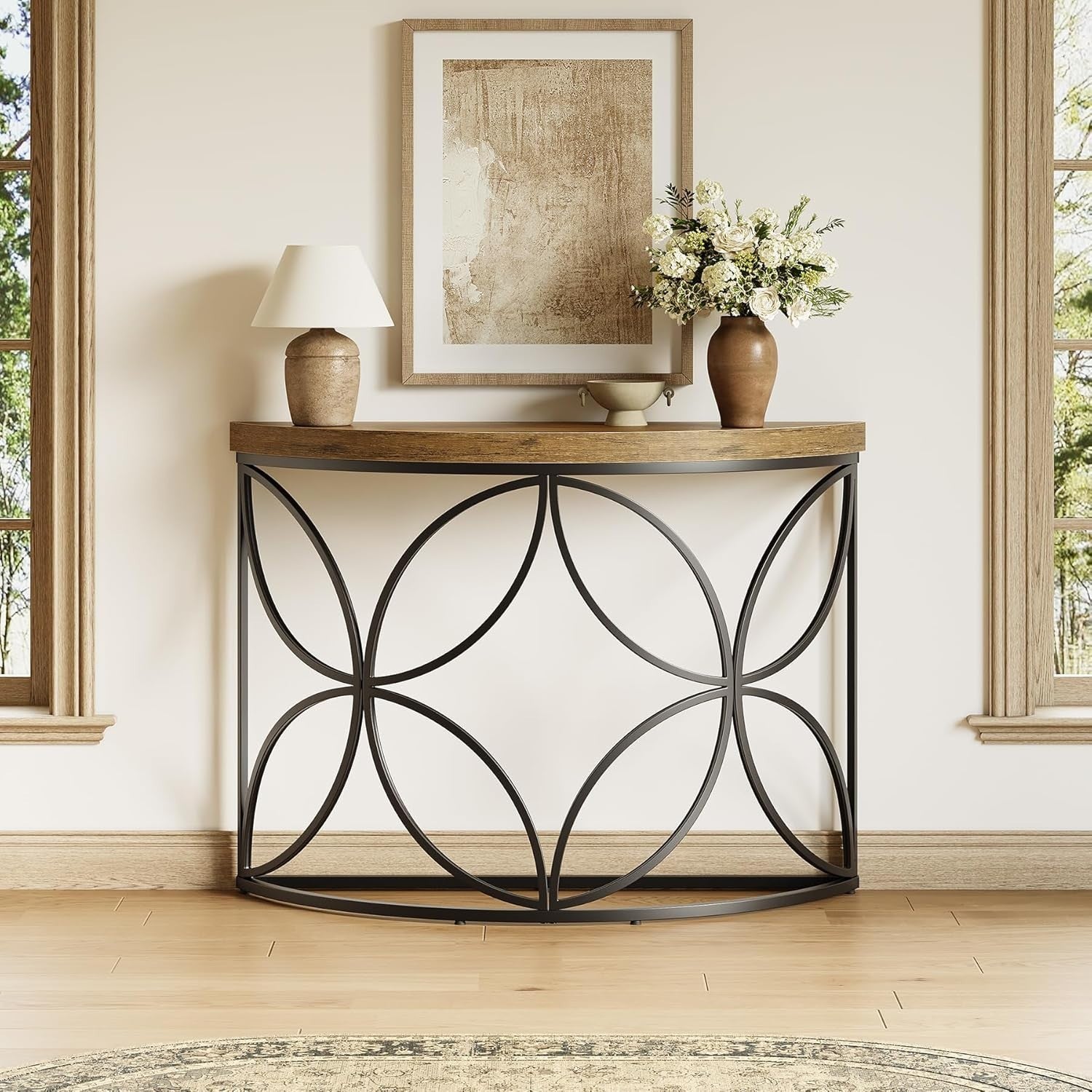 Half Moon Console Table – 110cm Rustic Entryway Table w/ Metal Frame