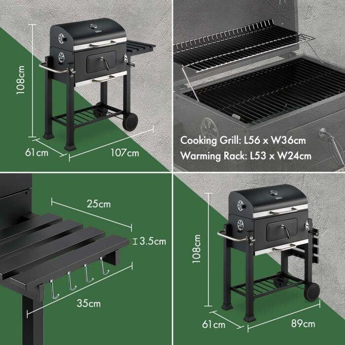 American Style Charcoal BBQ Grill w/ Temp Control, Shelves & Wheels