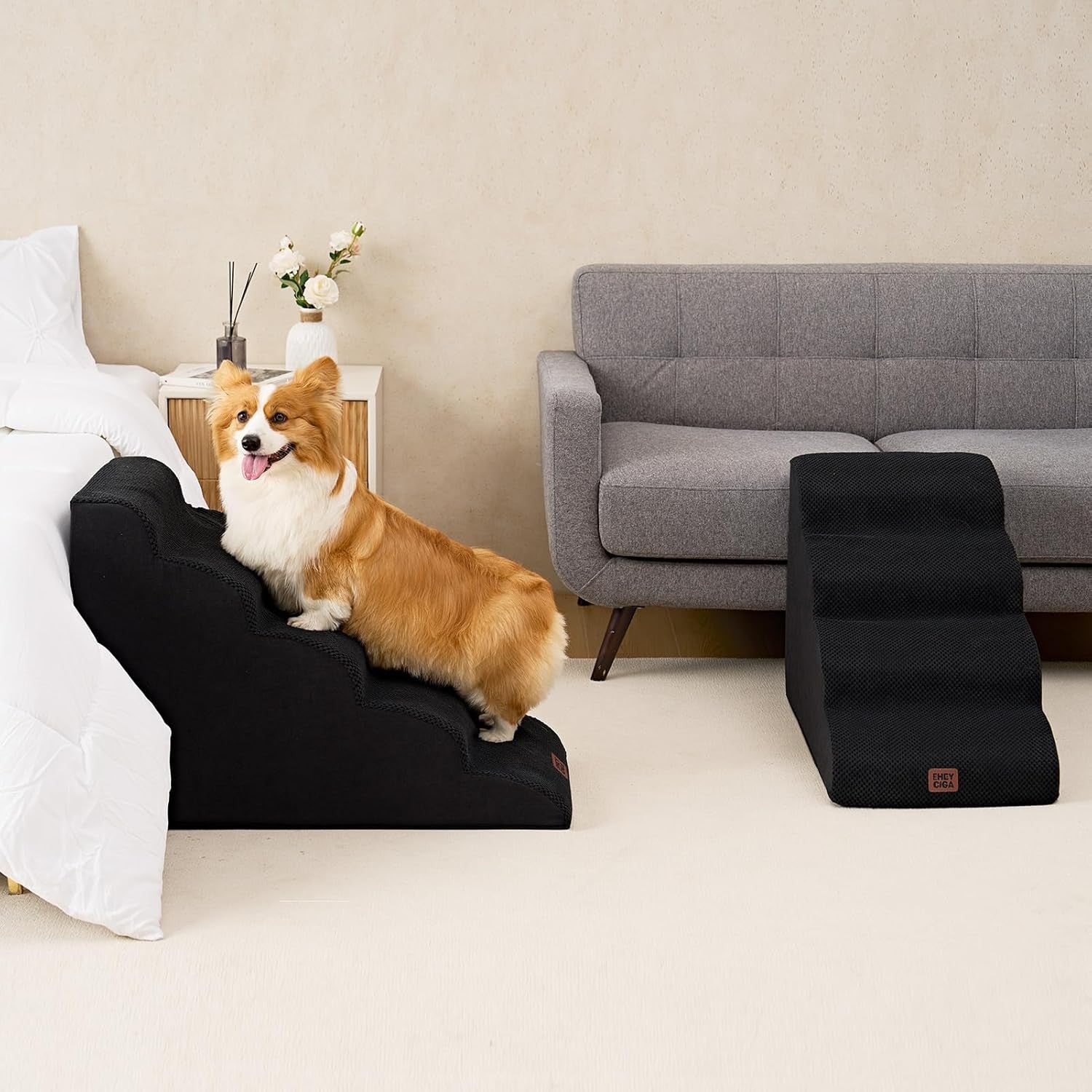 5 Step Dog Stairs for High Bed Non Slip Foam Pet Steps Washable Black