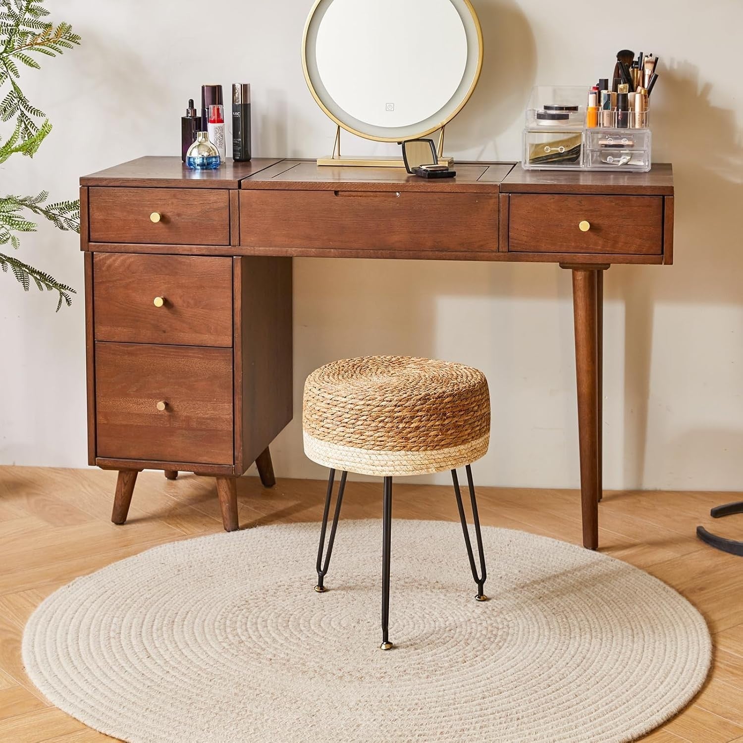 Natural & White Seagrass Footstool Round Woven Pastoral Stool 32×32×45cm