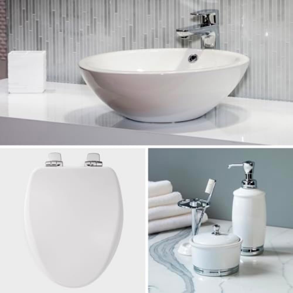 Round Toilet Seat White Enameled Wood Soft Close Chrome Hinges