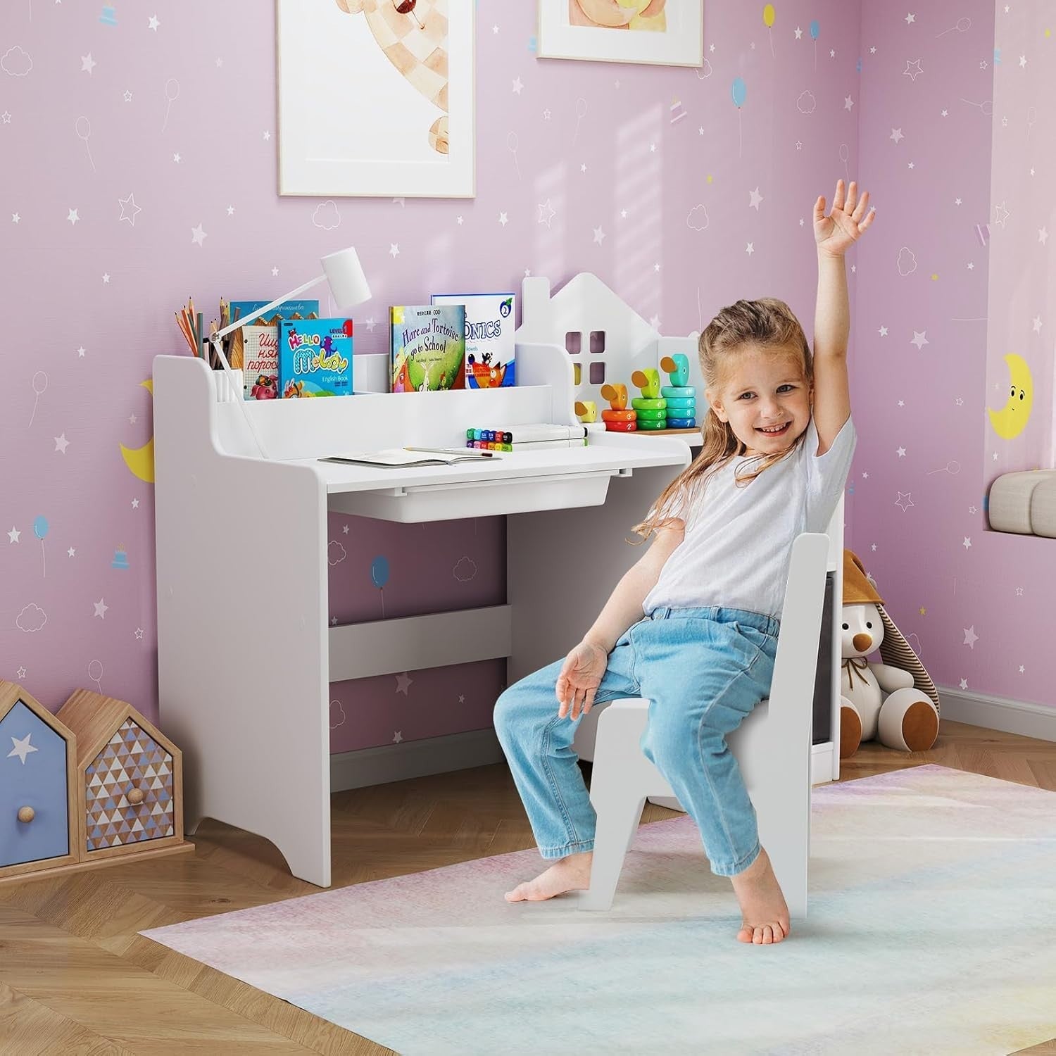 Kids Study Desk & Chair Set with Storage Drawers, Organizer & Ergonomic Design