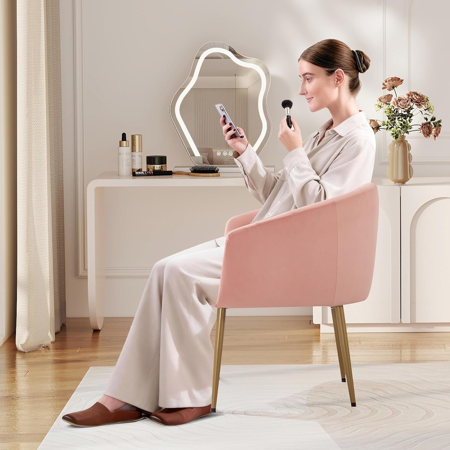 Velvet Vanity Chair Pink Gold Legs Makeup Dressing Accent Seat