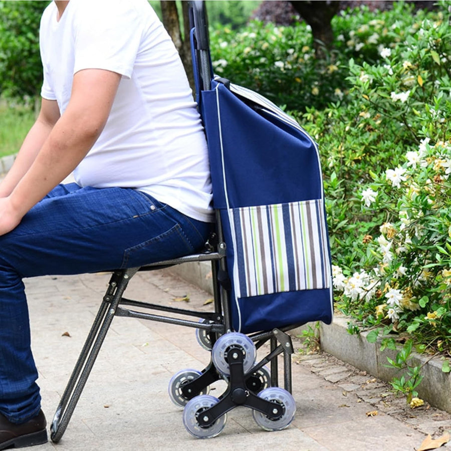 Foldable Stair Climber Shopping Trolley w/ Seat, Detachable Bag & 3-Wheel Design