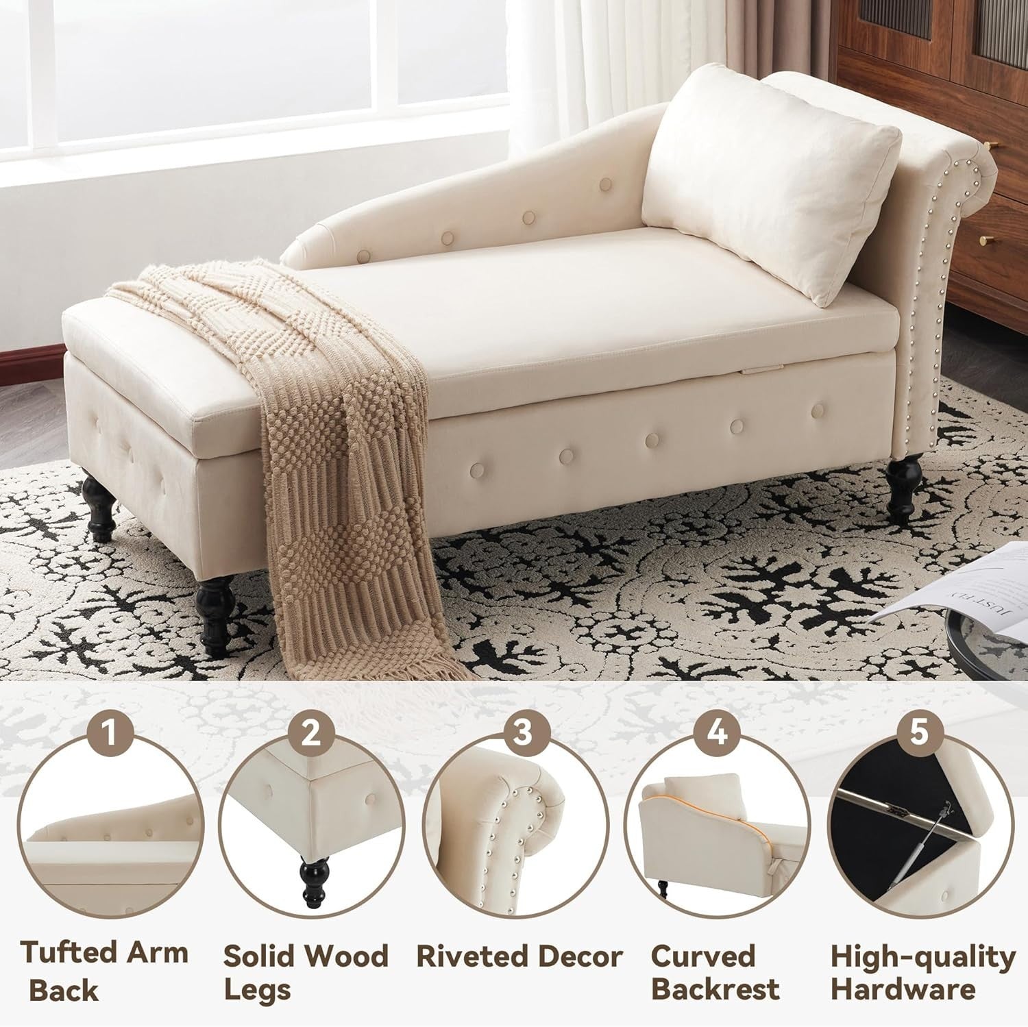 Chaise Lounge Sofa with Storage Button Tufted Velvet Ergonomic Couch