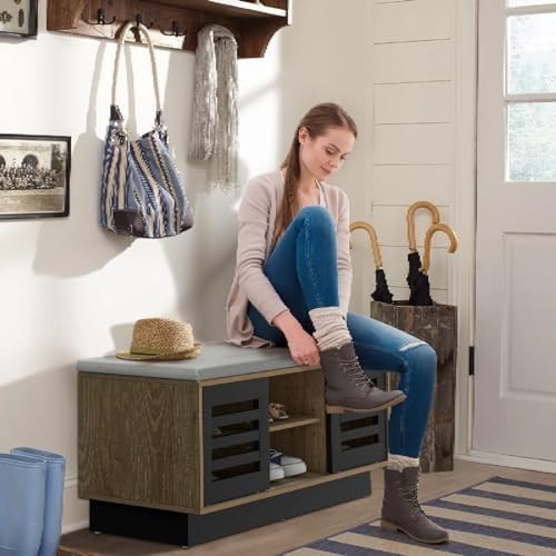 6-Compartment Natural + Black Shoe Bench with Cushion & Adjustable Shelves