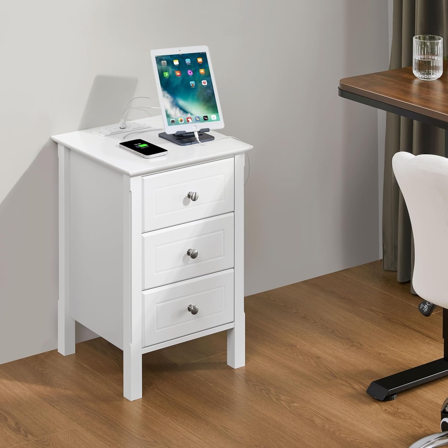 Drawer Bedside Table with Charging Station & USB Ports – White Modern Nightstand