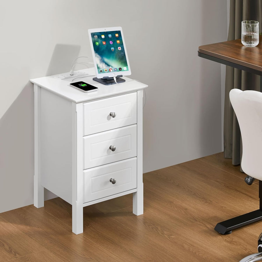 Drawer Bedside Table with Charging Station & USB Ports – White Modern Nightstand