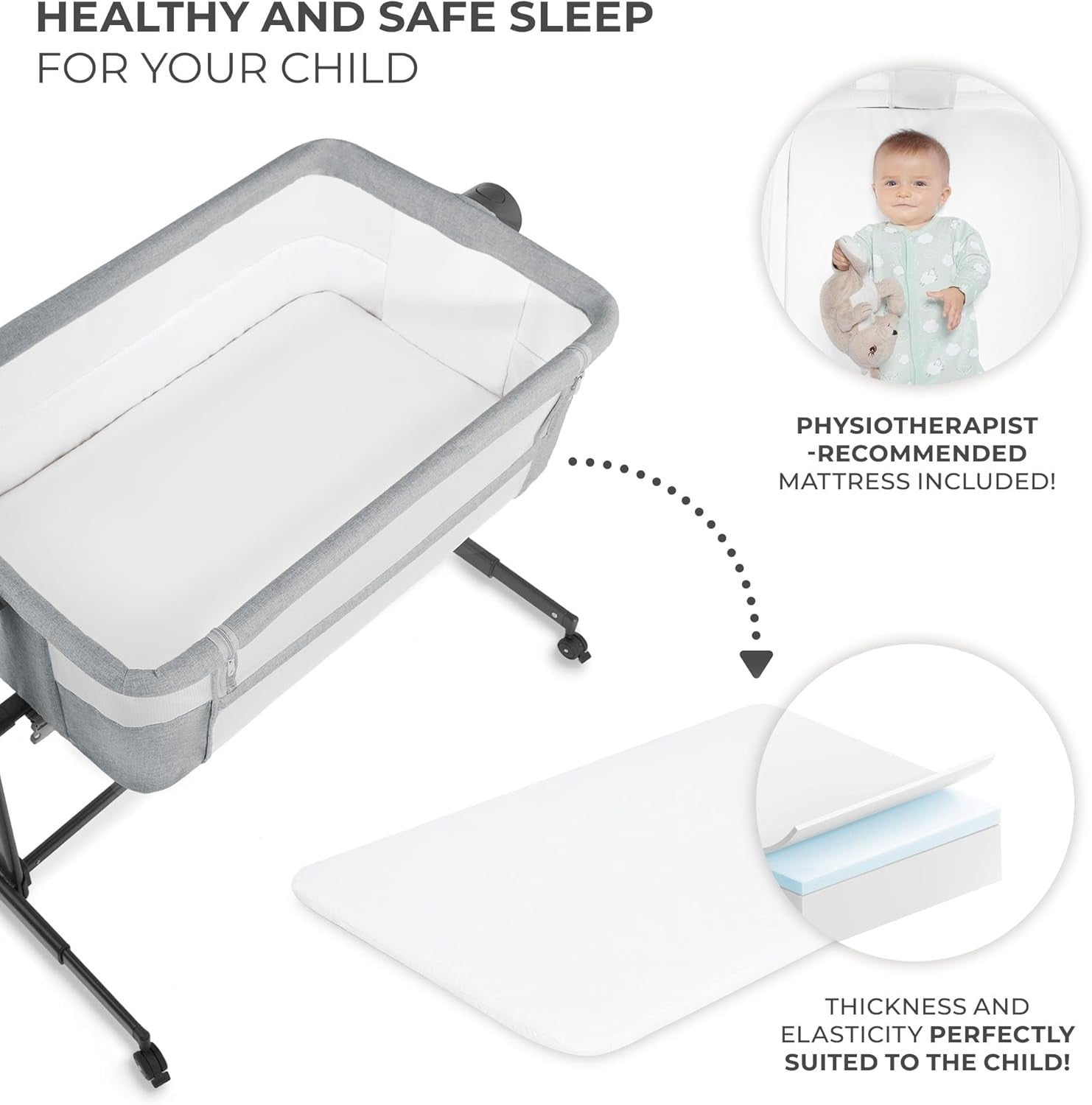 Bedside Baby Crib Co-Sleeper Cot Adjustable Height Travel Bassinet Grey