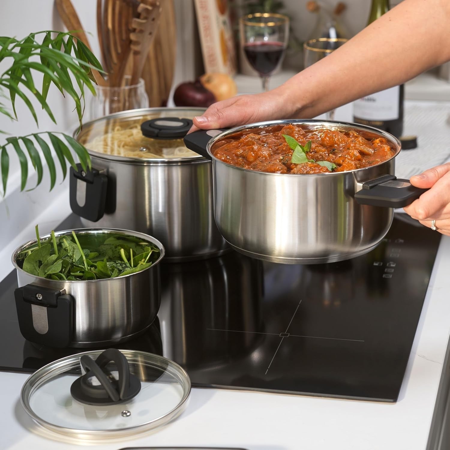 3pcs Stainless Steel Stockpot Set – 16 20 & 24 cm Induction Pans with Glass Lids
