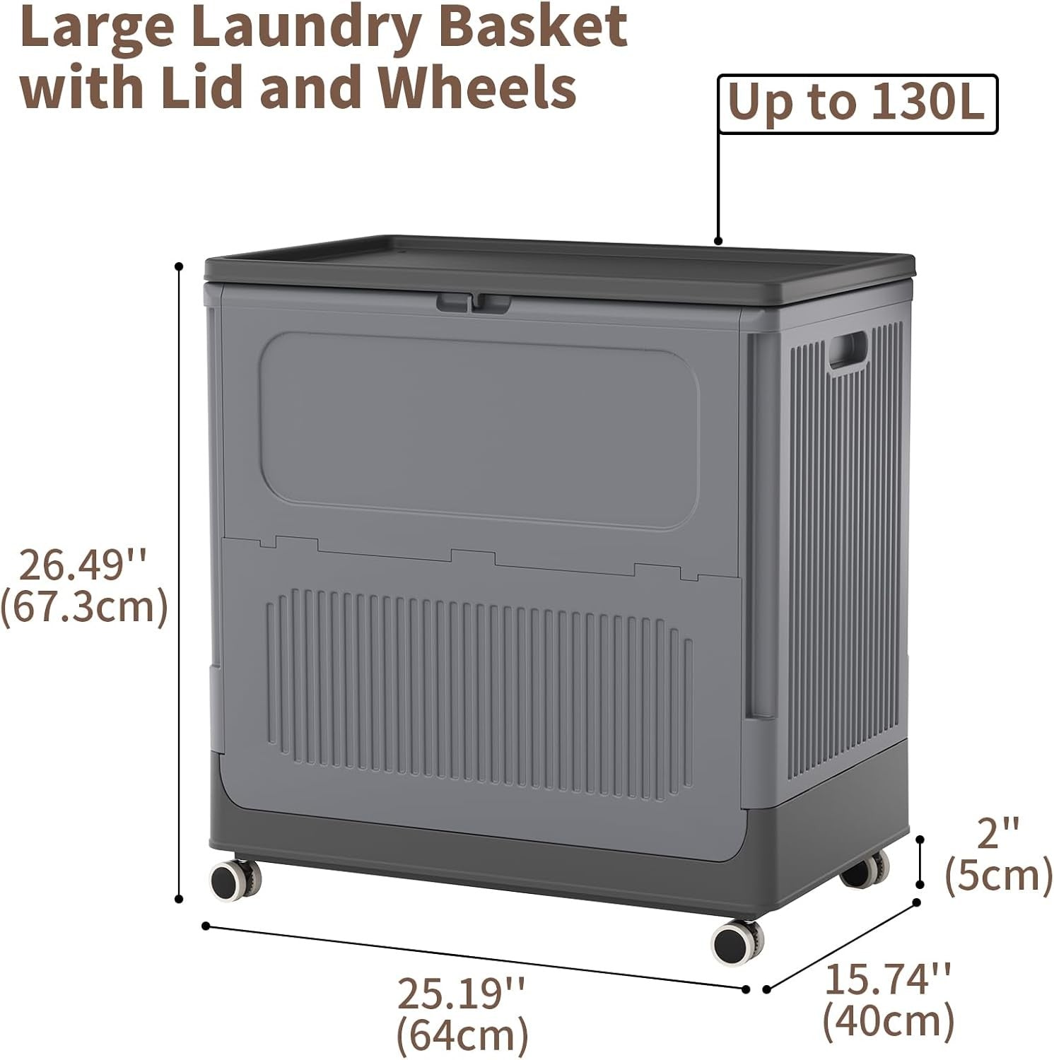 130L Large Laundry Basket with Lid & Wheels | Lockable Rolling Laundry Bin Grey